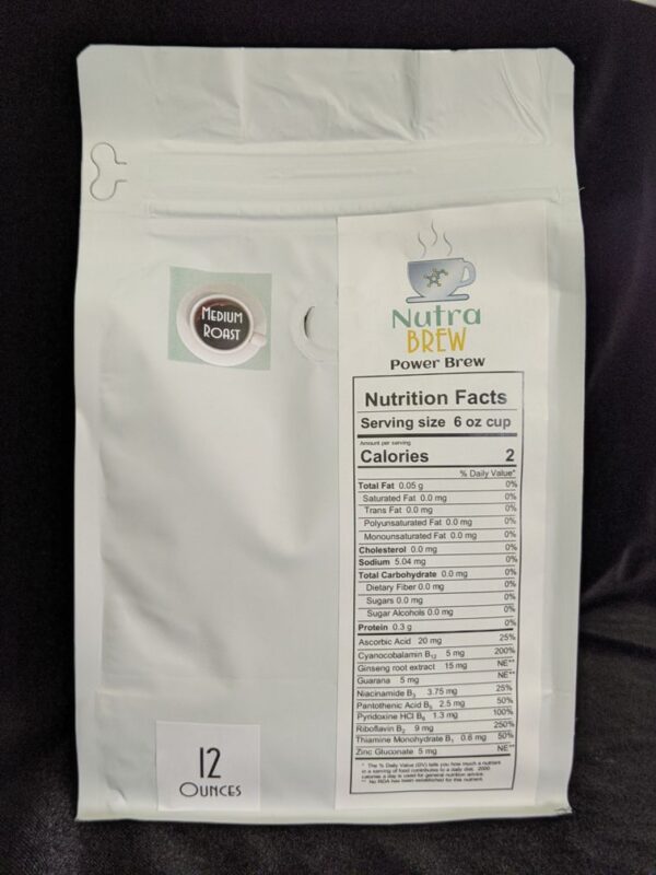 Nutra Brew Power Blend coffee back label  